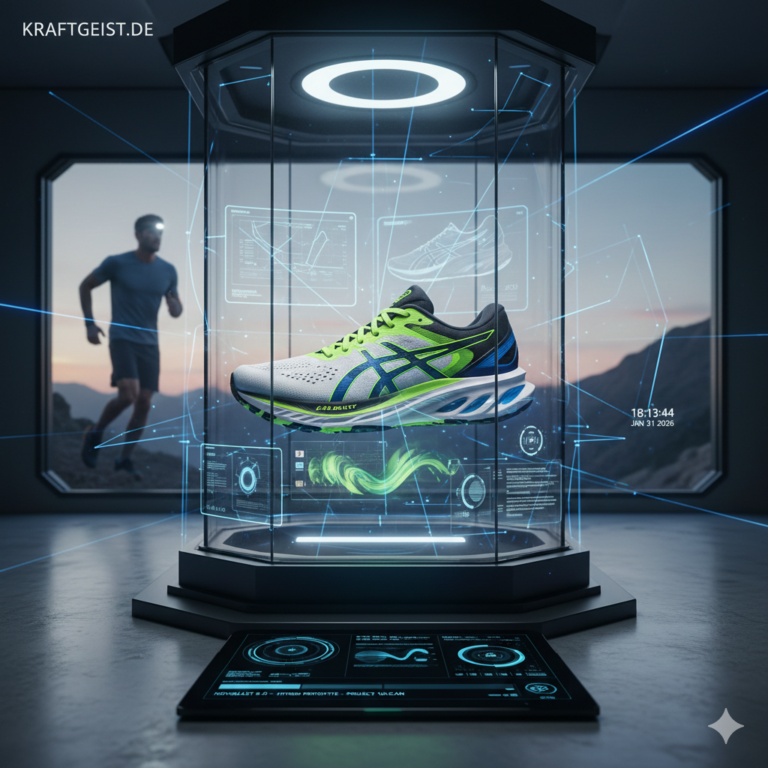 Hier ist der optimierte Alternativtext (Alt-Text) für das Bild, den du in deinem CMS (z. B. WordPress) hinterlegen solltest. Er ist so geschrieben, dass er sowohl die Barrierefreiheit verbessert als auch deine SEO-Rankings für den Artikel stärkt: Alternativtext: Futuristische Konzept-Präsentation des ASICS Novablast 6 in einer High-Tech-Glaskapsel mit digitalen Daten-Anzeigen; im Hintergrund ein Läufer in einer Berglandschaft bei Dämmerung – Fokus auf Hybrid-Athlet Equipment für Kraftgeist.de