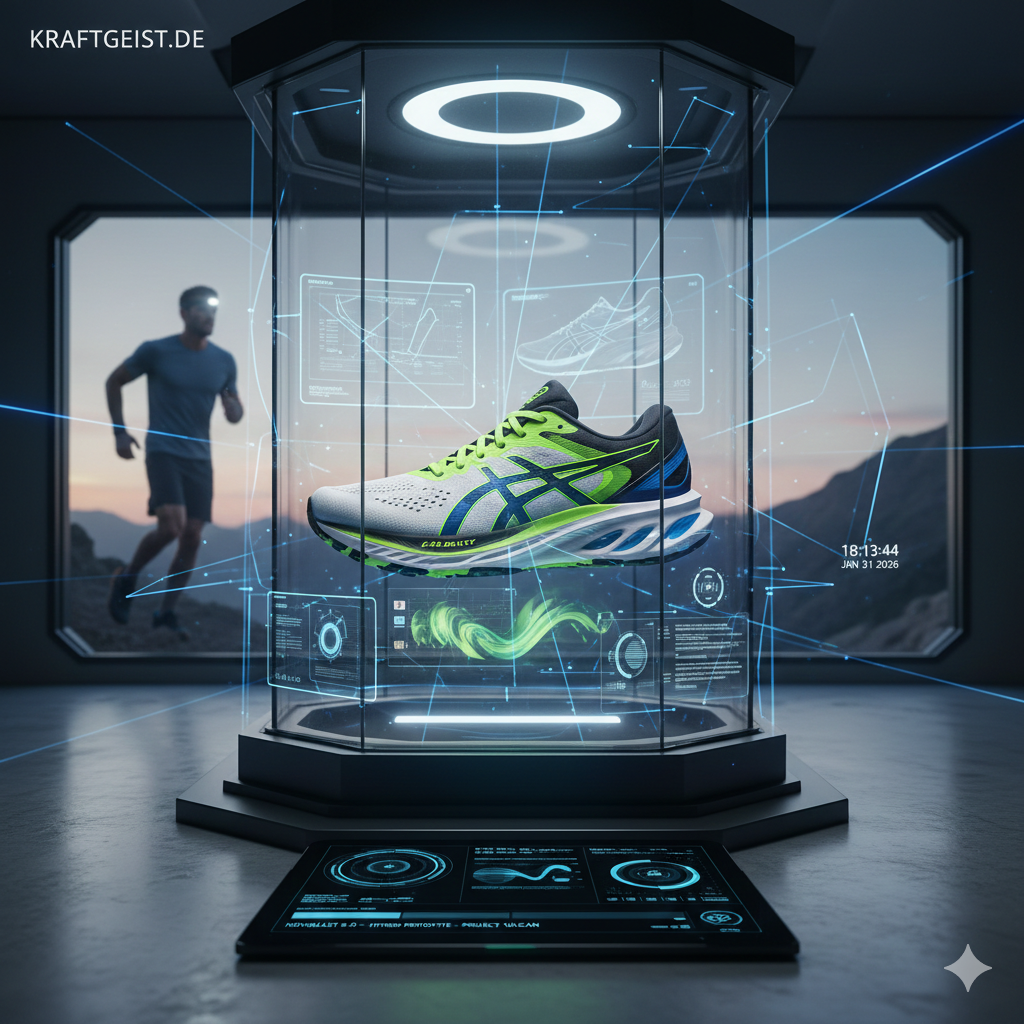 Hier ist der optimierte Alternativtext (Alt-Text) für das Bild, den du in deinem CMS (z. B. WordPress) hinterlegen solltest. Er ist so geschrieben, dass er sowohl die Barrierefreiheit verbessert als auch deine SEO-Rankings für den Artikel stärkt: Alternativtext: Futuristische Konzept-Präsentation des ASICS Novablast 6 in einer High-Tech-Glaskapsel mit digitalen Daten-Anzeigen; im Hintergrund ein Läufer in einer Berglandschaft bei Dämmerung – Fokus auf Hybrid-Athlet Equipment für Kraftgeist.de